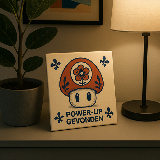 Mario Power Up - Delfts Blauwe Tegel Met Humor