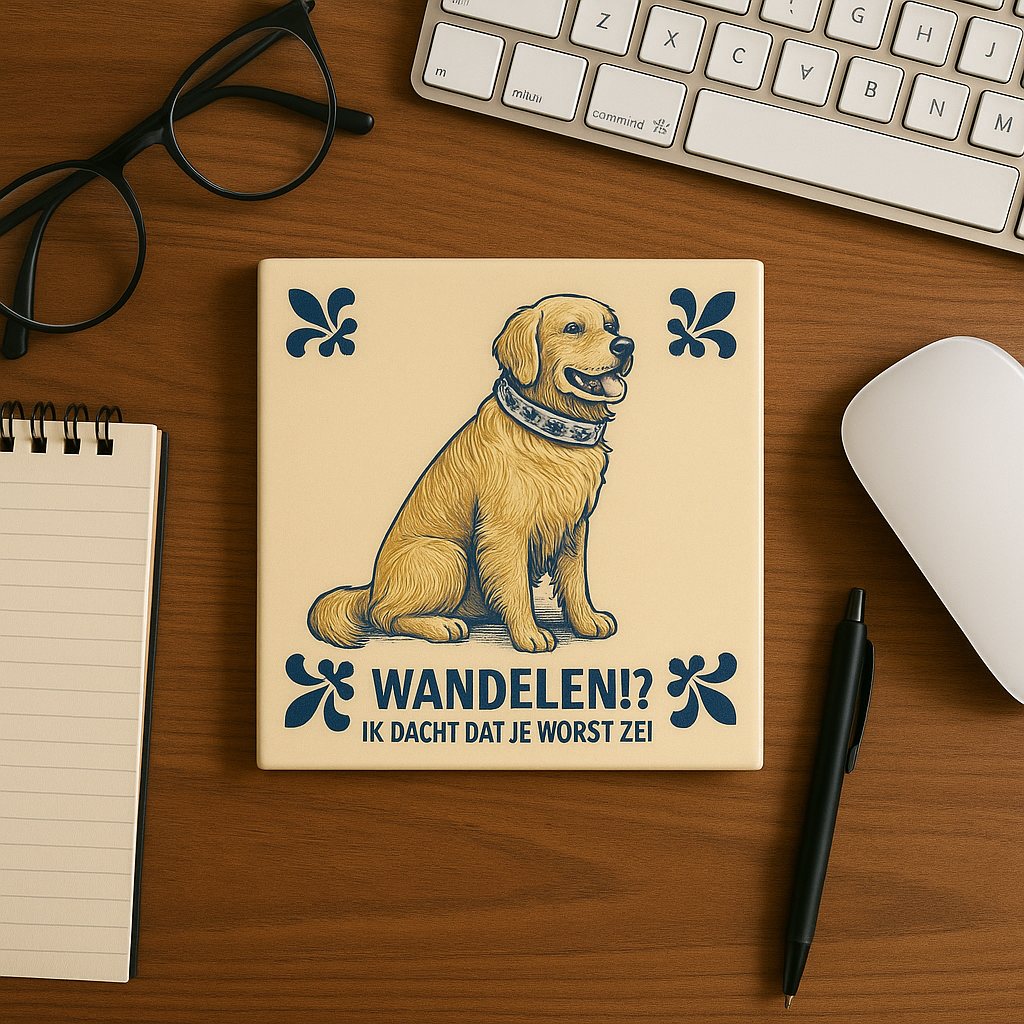 Golden Retriever - WALKING!? I THINK YOU SAID SAUSAGE - Delft Blue Tile with Humor
