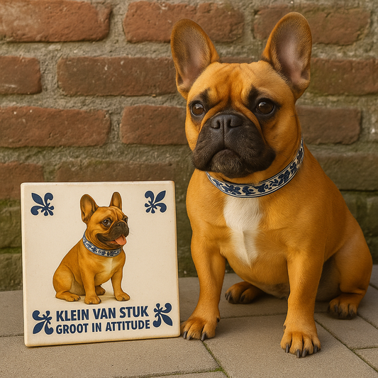 Franse Bulldog – “Klein van stuk, groot in attitude” - Delfts Blauwe Tegel met Humor