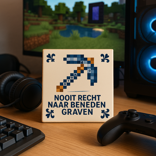 Minecraft - Nooit recht naar beneden graven - Delfts Blauwe tegel met humor