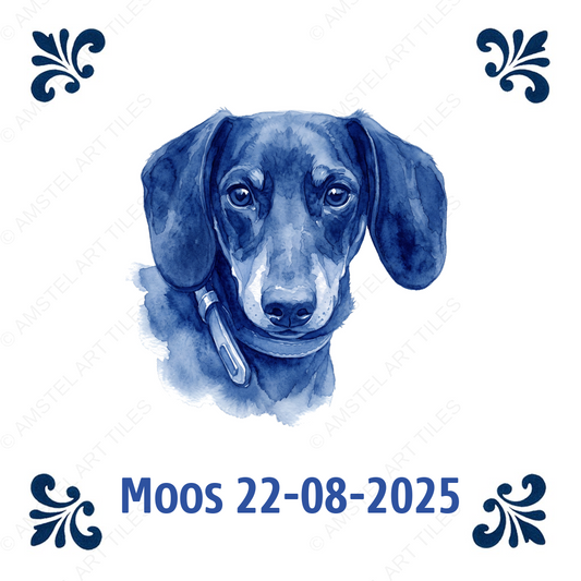 Tegelontwerp teckel Moos – voorbeeld met watermerk