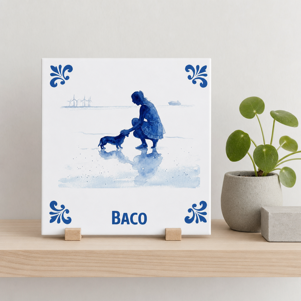 Delft Blue tegel Baco op houten standaard