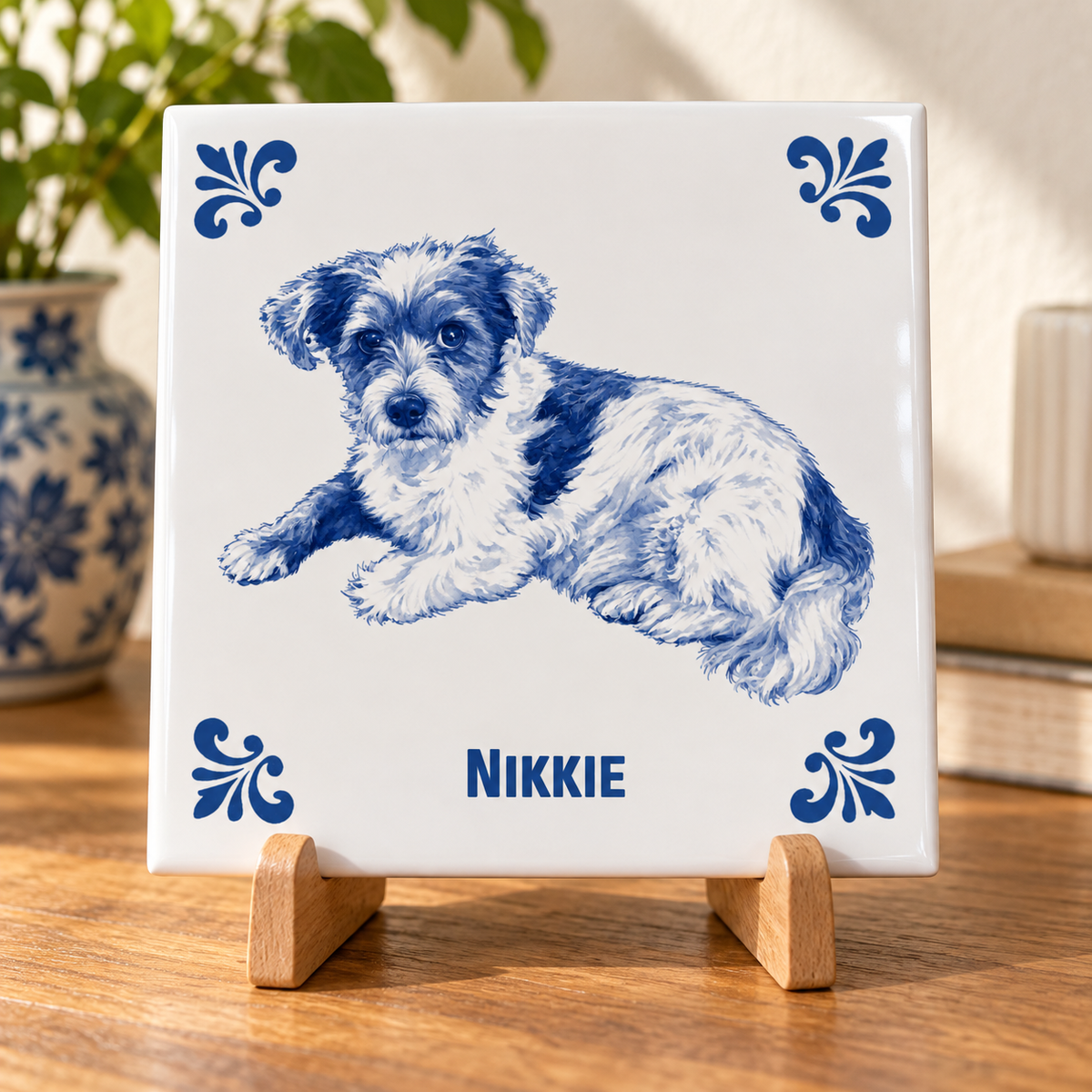 Delfts blauwe tegel met hond Nikkie