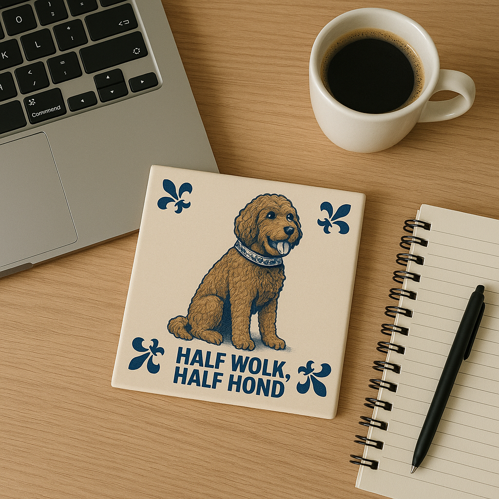 Labradoodle - Half Cloud, Half Dog - Delft Blue Tile with Humor