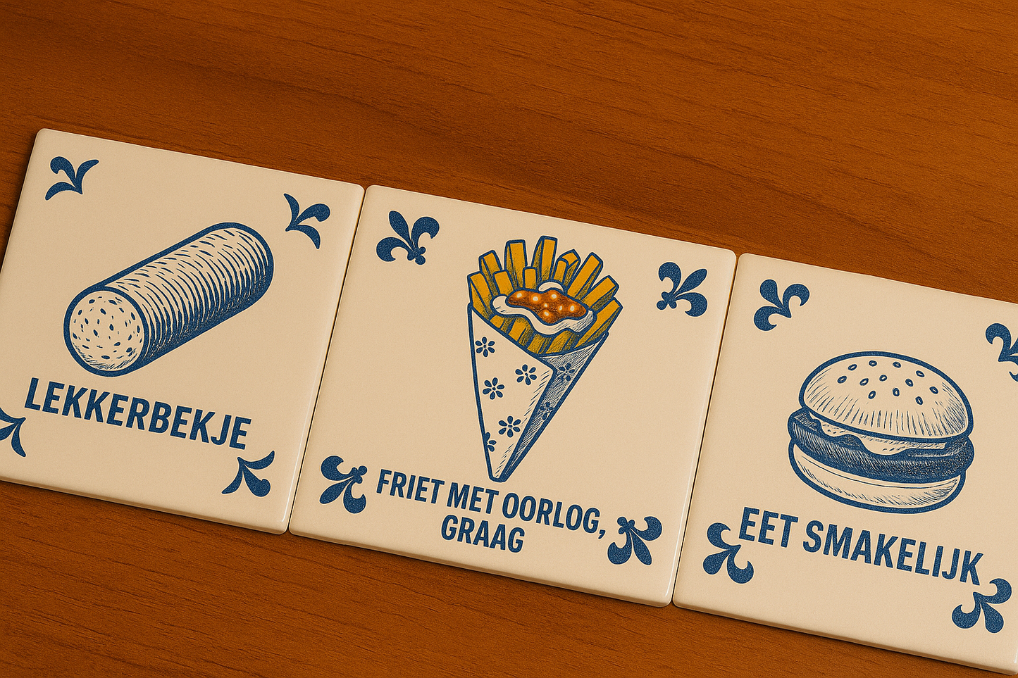Pommes mit Krieg, bitte – Delfter Blaue Fliese mit Humor