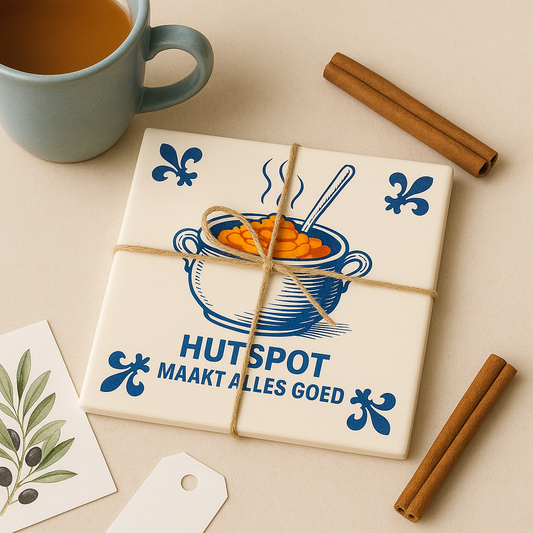 Hutspot maakt alles goed – Delfts blauwe tegel met humor