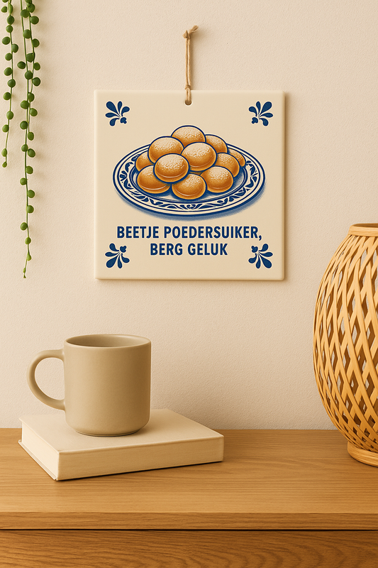 Beetje poedersuiker, berg geluk - Delfts Blauwe tegel met humor