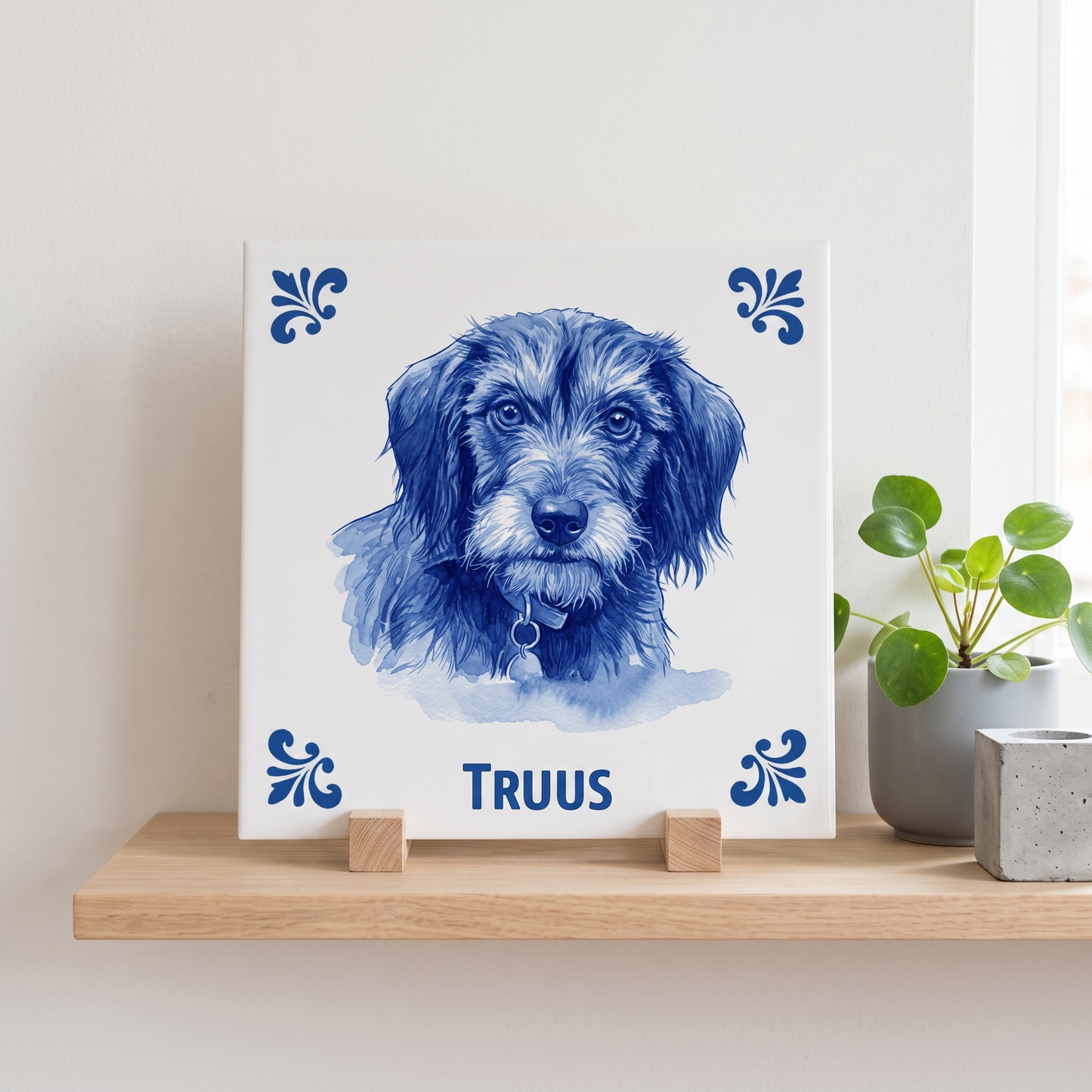 Delfts blauwe tegel met hond Truus