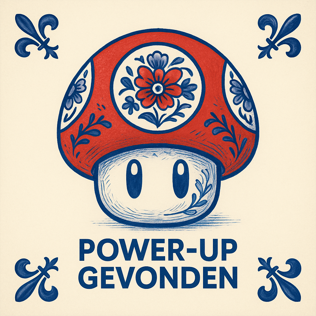 Mario Power Up – Delftblaue Fliese mit Humor