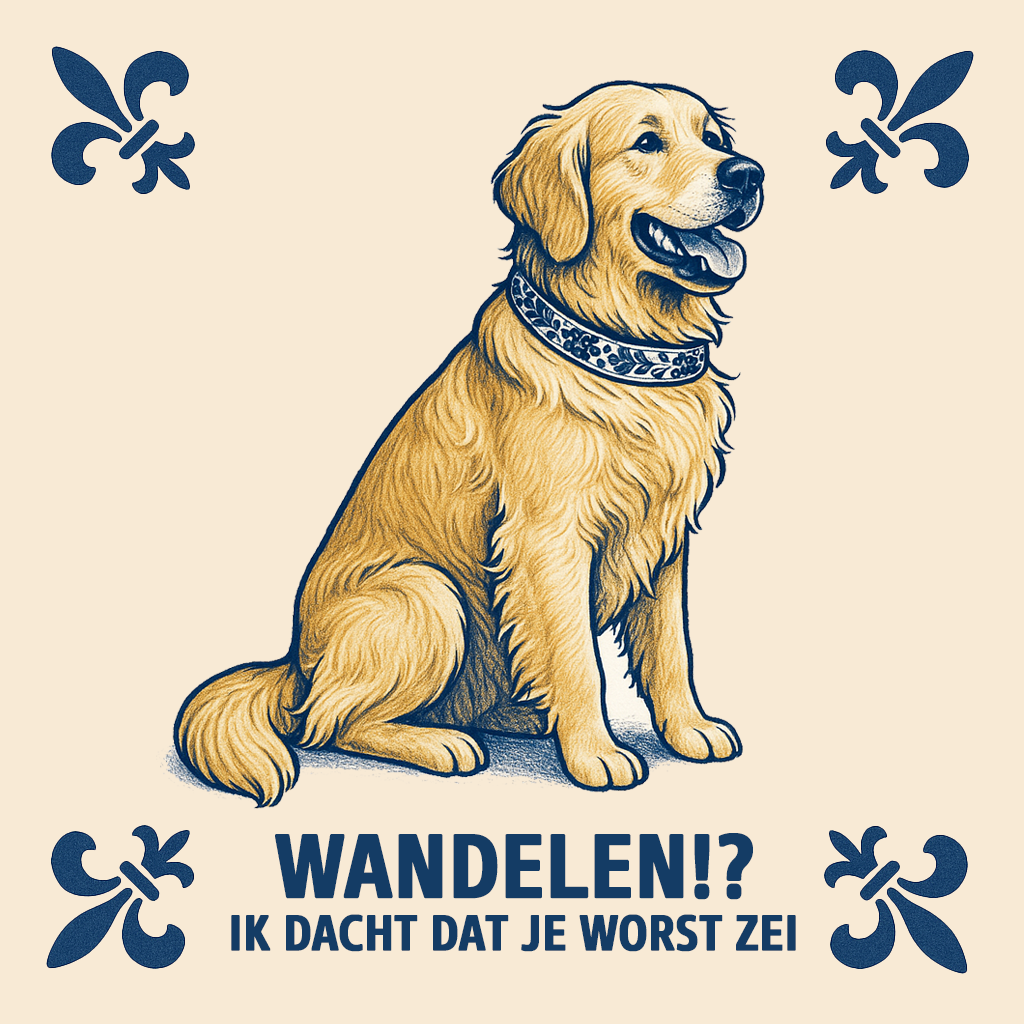 Golden Retriever - WALKING!? I THINK YOU SAID SAUSAGE - Delft Blue Tile with Humor