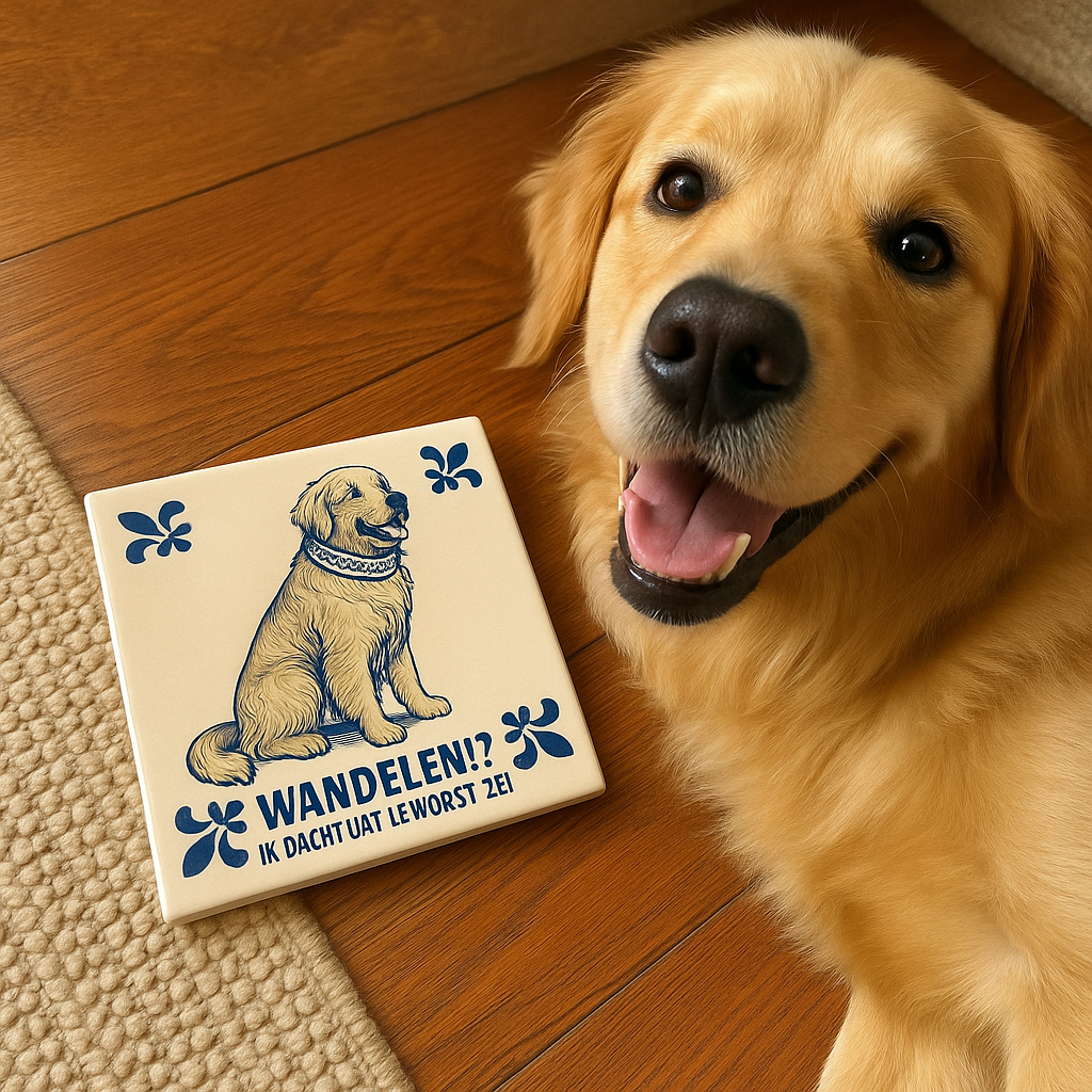 Golden Retriever - WALKING!? I THINK YOU SAID SAUSAGE - Delft Blue Tile with Humor