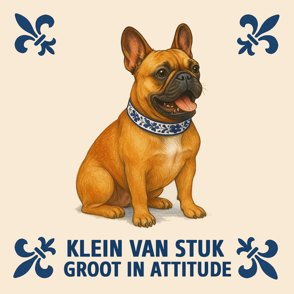 Französische Bulldogge – „Klein, aber oho!“ – Delfter Blaue Fliese mit Humor
