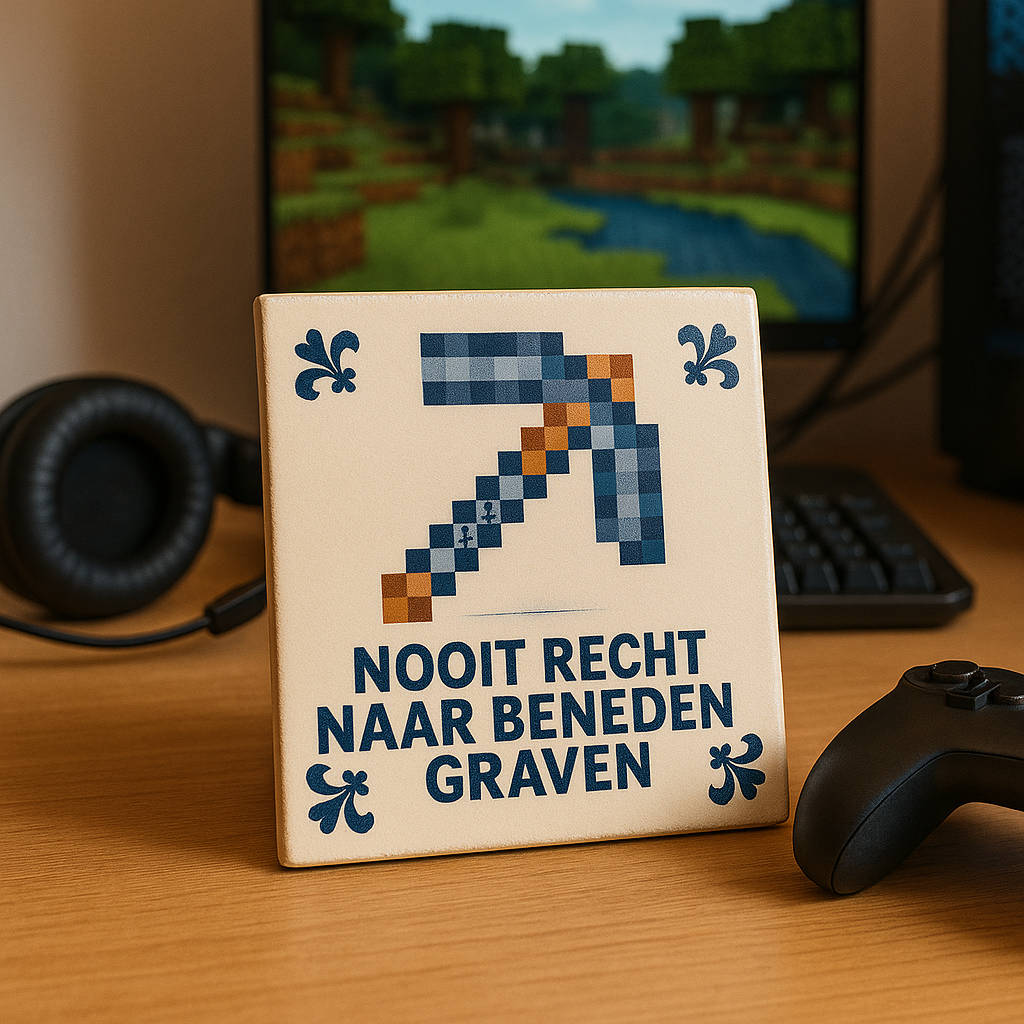 Minecraft – Grabe niemals gerade nach unten – Delfter Blaue Fliese mit Humor