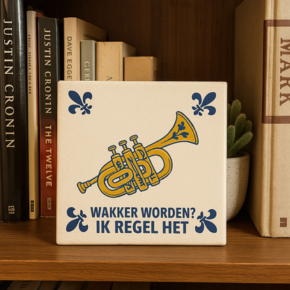 Trumpet - Wake up? I'll handle it - Delft Blue Tile with Humor