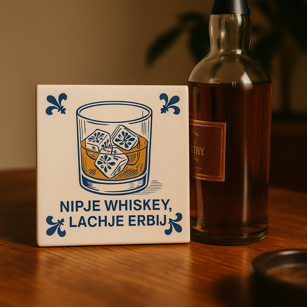 A Sip of Whiskey, a Little Laugh - Delft Blue Tile with Humor