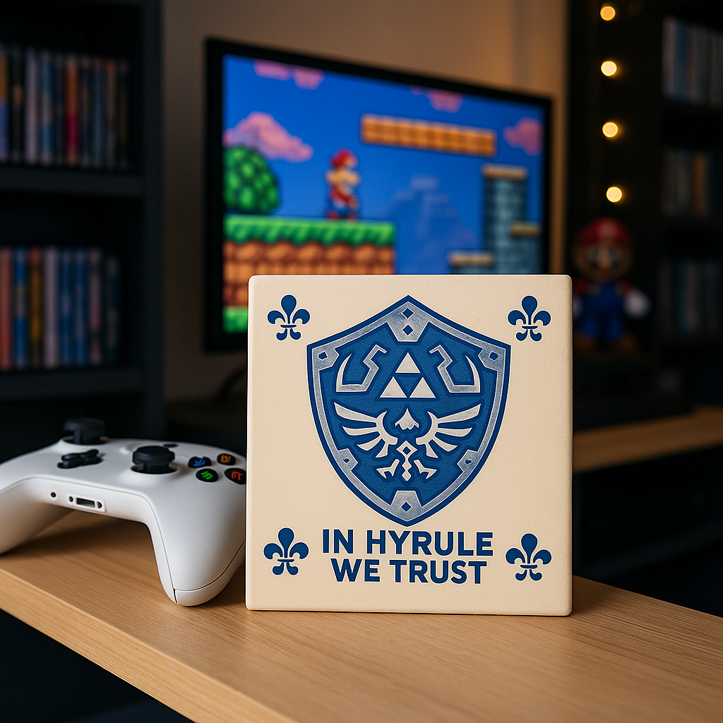 Zelda - In Hyrule We Trust - Delft Blue tile with humor
