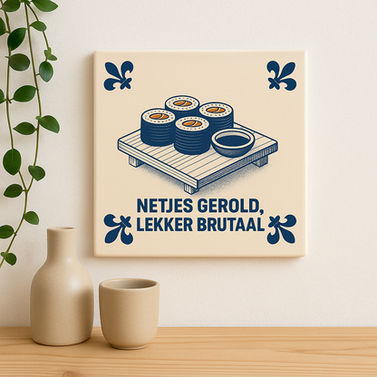 Sushi – ordentlich gerollt, herrlich frech – Delfter Blaue Kachel mit Humor