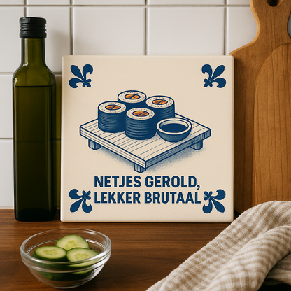 Sushi – ordentlich gerollt, herrlich frech – Delfter Blaue Kachel mit Humor