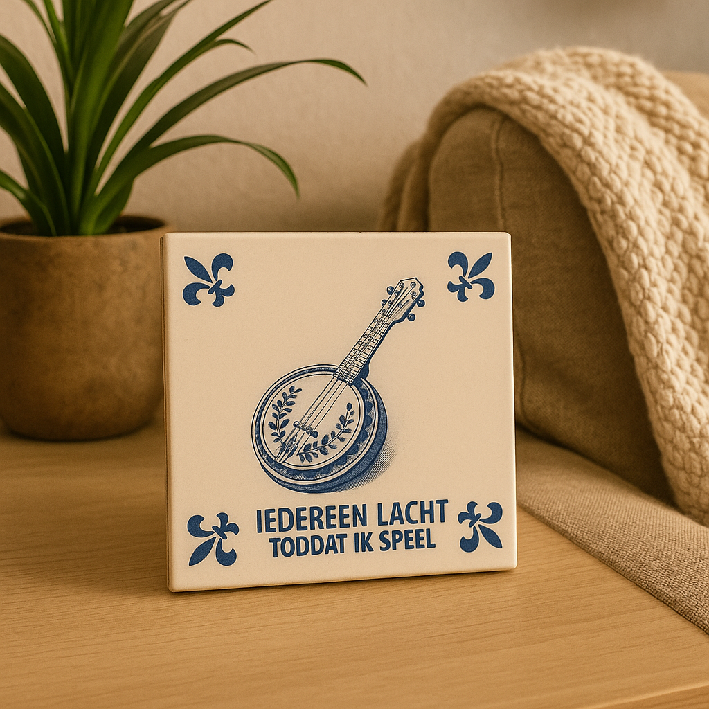 Banjo – Alle lachen, bis ich spiele – Delfter Blaue Kachel mit Humor