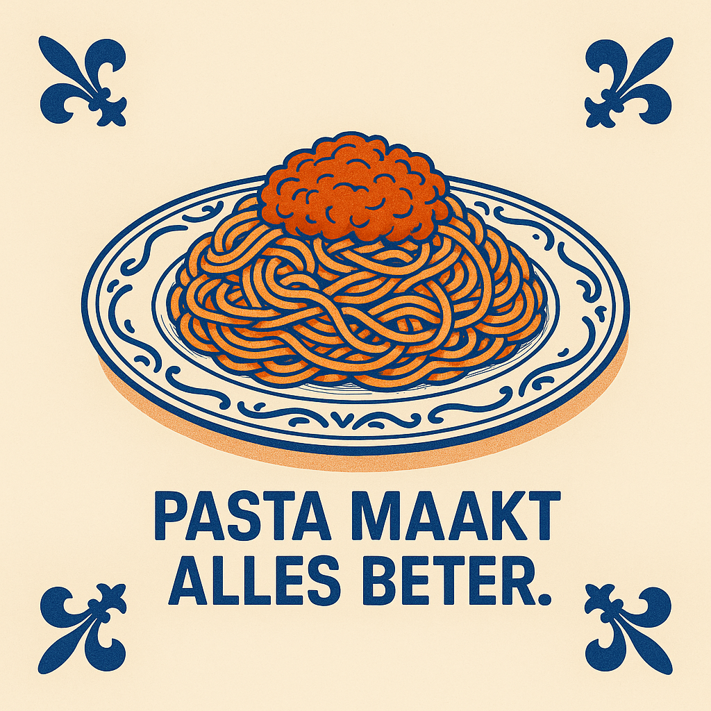 Pasta macht alles besser – Delfter Blaue Kachel mit Humor
