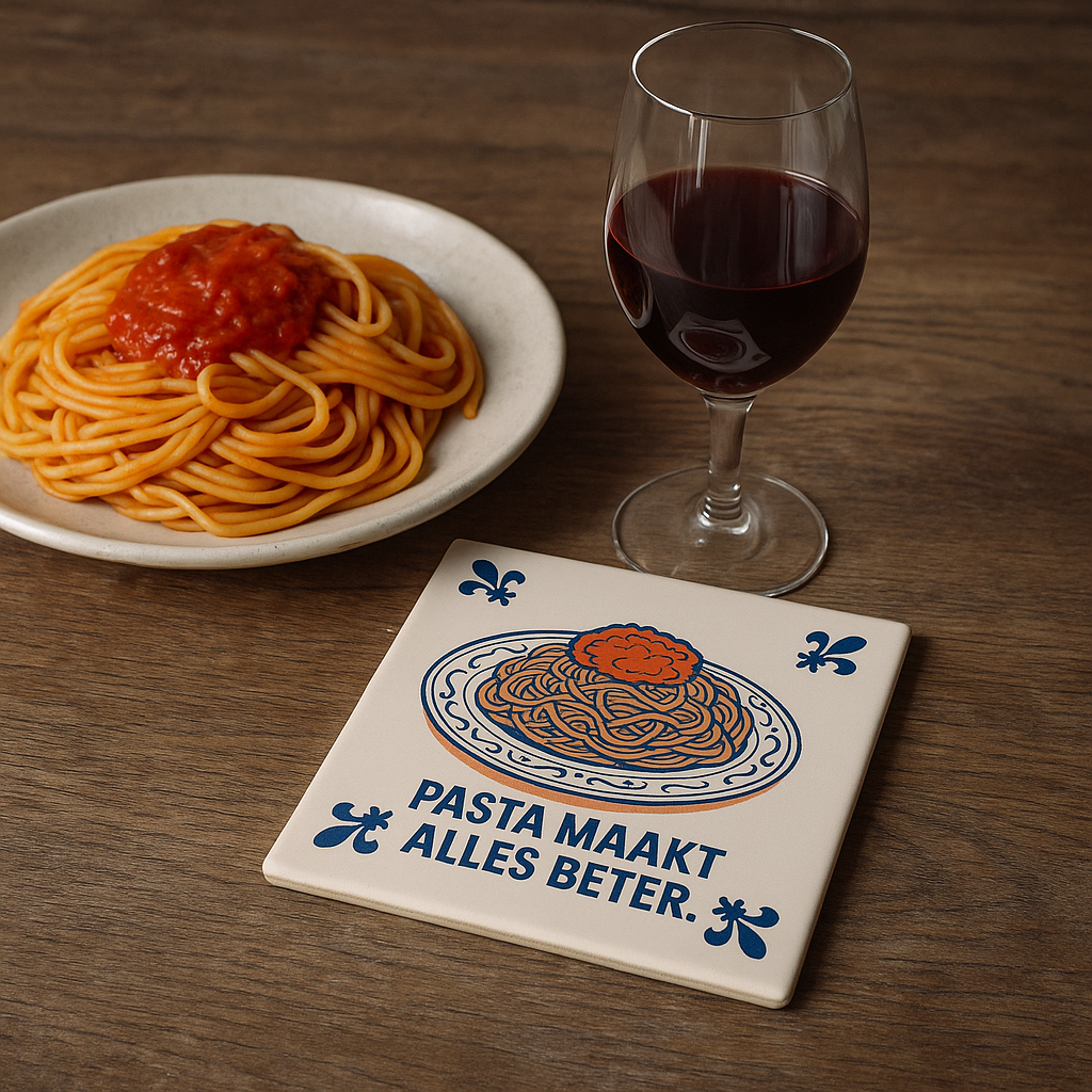 Pasta macht alles besser – Delfter Blaue Kachel mit Humor