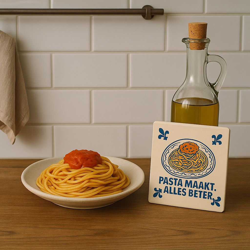 Pasta macht alles besser – Delfter Blaue Kachel mit Humor