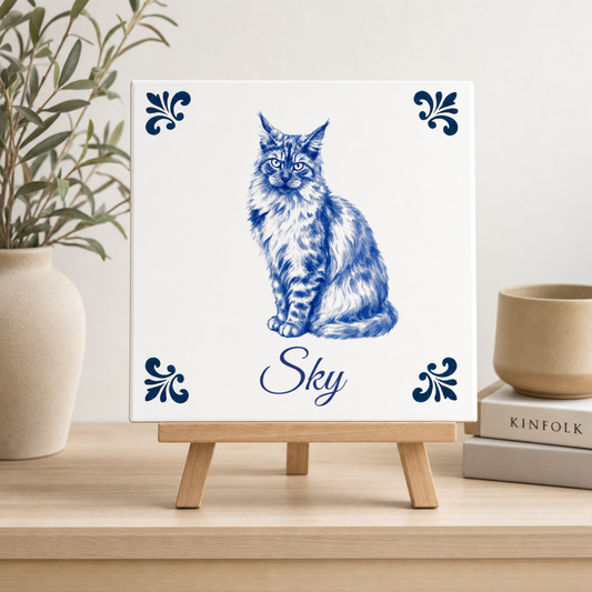 Delfts blauwe tegel met kat Sky op houten standaard