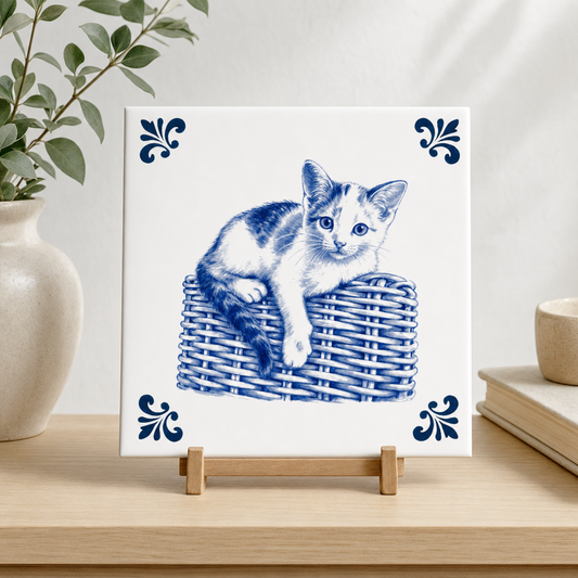 Delfts blauwe tegel met kitten op mand, op houten standaard
