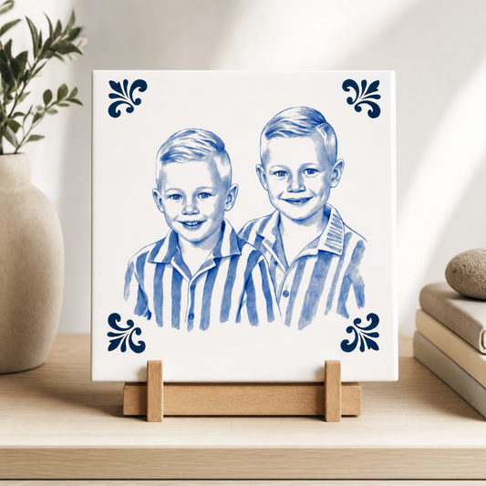 Delfts blauwe tegel met portret van twee jongens op houten standaard