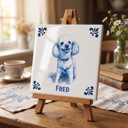 Delfts blauwe tegel met hond Fred op houten standaard