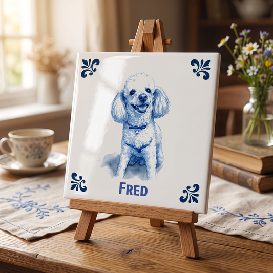 Delfts blauwe tegel met hond Fred op houten standaard
