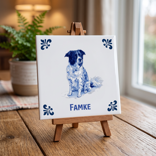 Delfts blauwe tegel met hond Famke op houten standaard