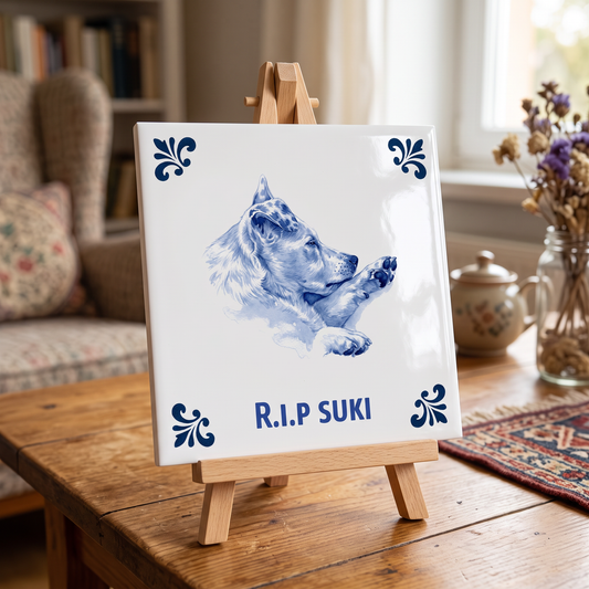 Delfts blauwe gedenktegel R.I.P Suki op houten standaard