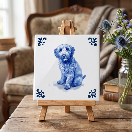 Delfts blauwe tegel met labradoodle pup op houten standaard