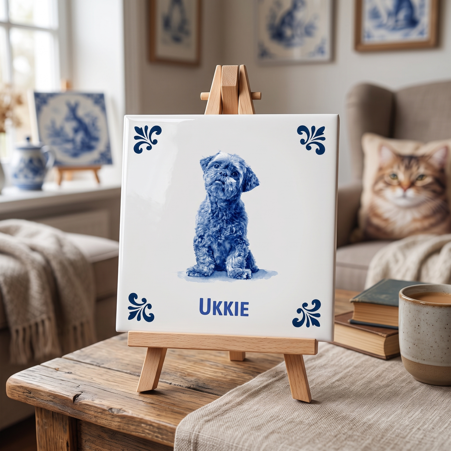 Delfts blauwe tegel met hondje Ukkie op houten standaard
