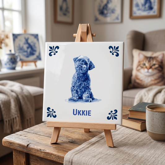 Delfts blauwe tegel met hondje Ukkie op houten standaard