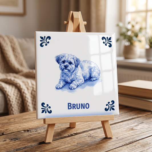 Delfts blauwe tegel met hondje Bruno op houten standaard