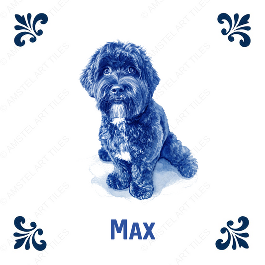Tegelontwerp zwarte labradoodle Max – voorbeeld met watermerk