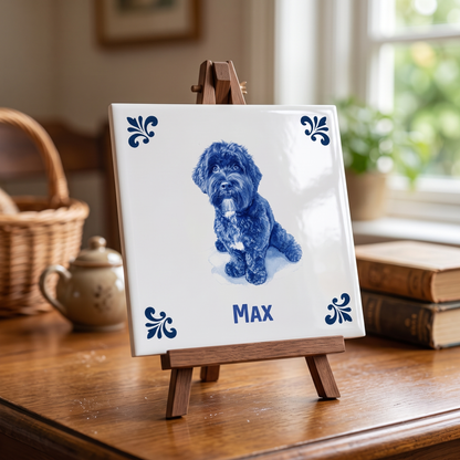 Delfts blauwe tegel met zwarte labradoodle Max op houten standaard