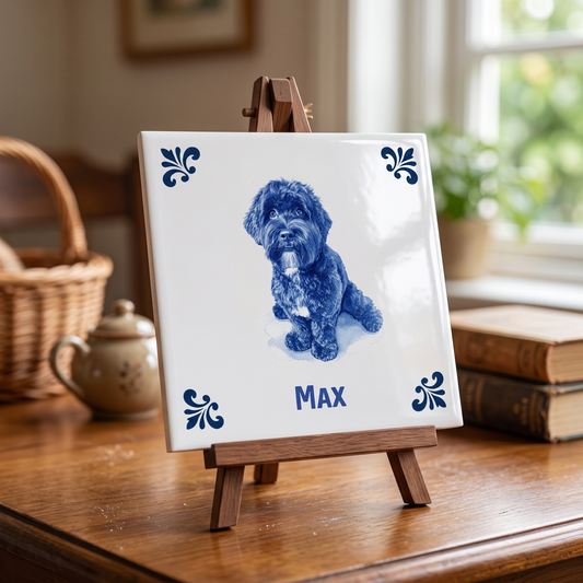 Delfts blauwe tegel met zwarte labradoodle Max op houten standaard