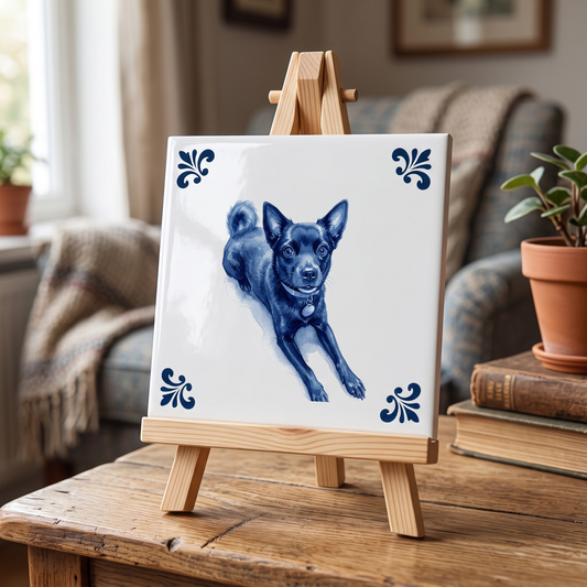 Delfts blauwe tegel met zwarte hond op houten standaard