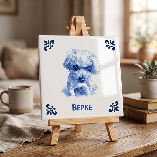 Delfts blauwe tegel met Bepke op houten standaard