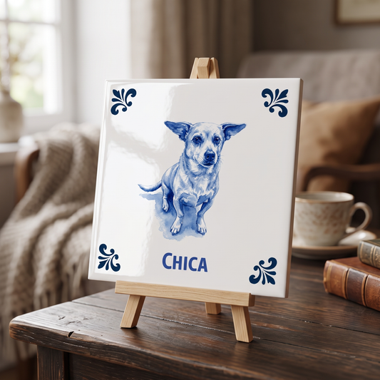 Delfts blauwe tegel met Chica op houten standaard
