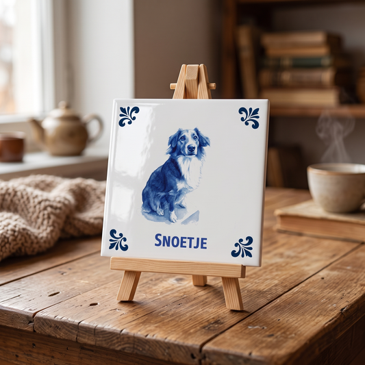 Delfts blauwe tegel met Snoetje op houten standaard