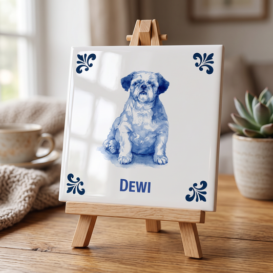 Delfts blauwe tegel met Dewi op houten standaard