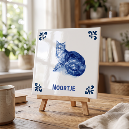 Delfts blauwe tegel met kat Noortje op houten standaard