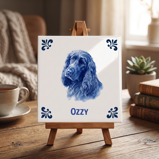 Delfts blauw tegelontwerp Ozzy op houten standaard