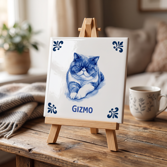 Delfts blauw tegelontwerp Gizmo op houten standaard