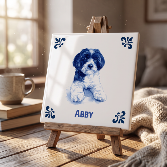 Delfts blauw tegelontwerp Abby op houten standaard