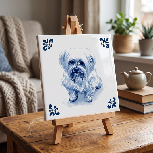 Delfts blauwe tegel met hond Boy op houten standaard